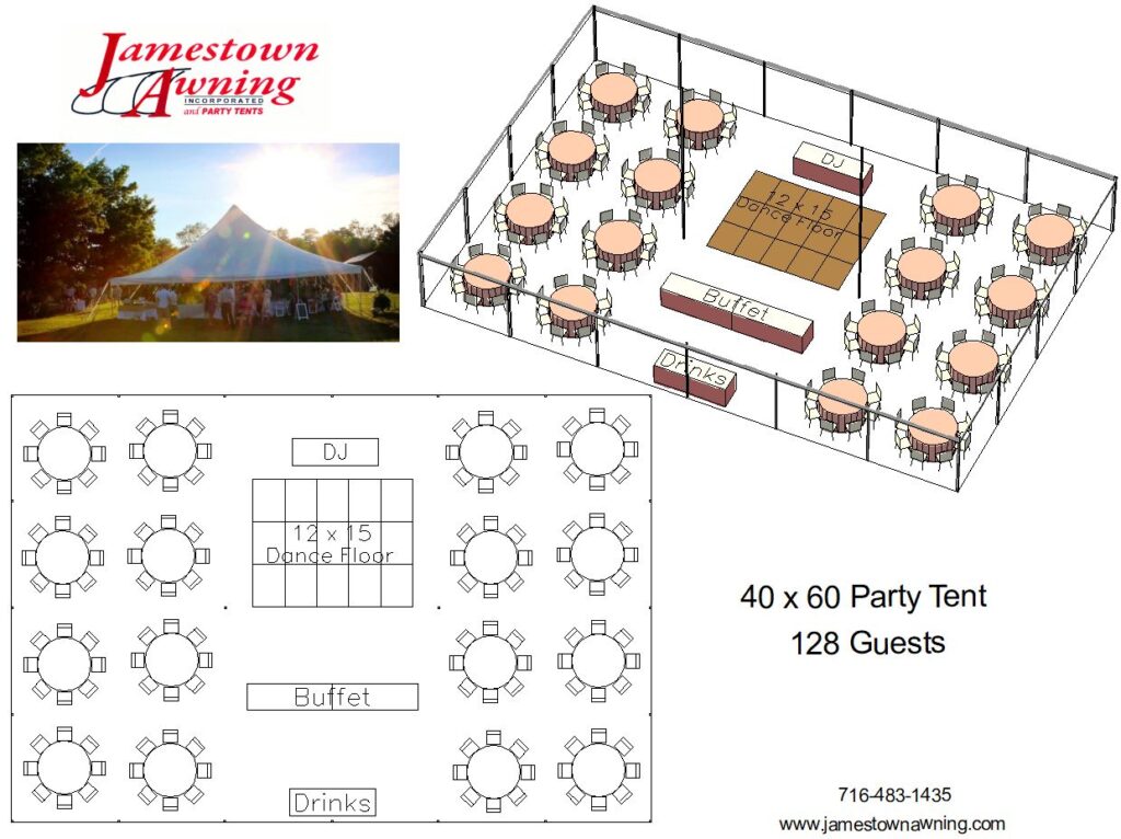 128 Guest – 30×60 Pole Tent – Round Tables